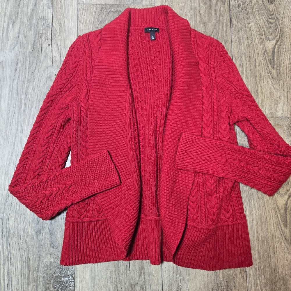 Talbots Open Cable Knit Shawl Open Cardigan Lambswool Blend Size Medium Red